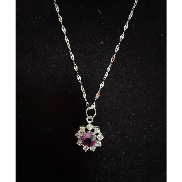 Silver Pendant Necklace with Purple Gem & Clear Crystals on New Chain N129 - Picture 1 of 4